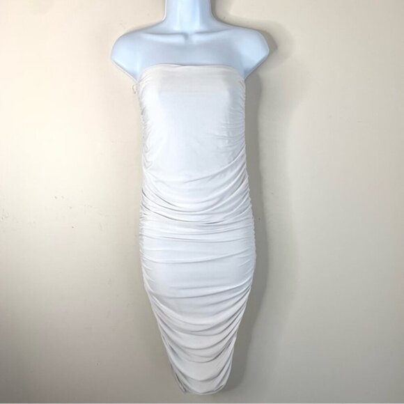 Pretty Little Thing Women's Midi Dress Tube Ruched Side Strapless White Draped - Picture 6 of 12